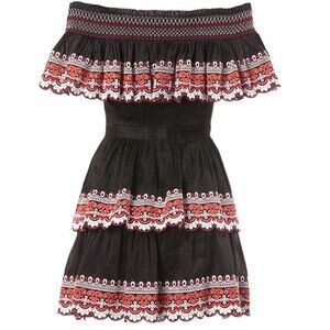 Amur Embroidered Linen Silk‎ Off-the-Shoulder Tiered Mini Dress Size 4 $548